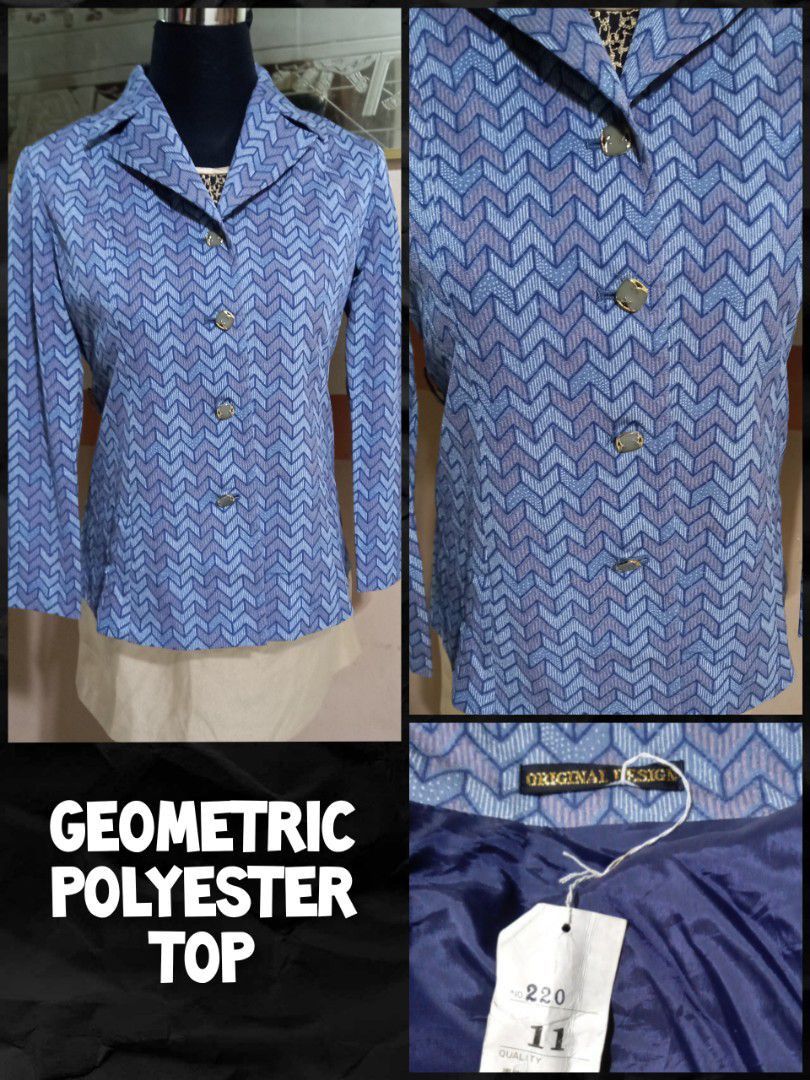 Blue and Lavender Geometric Chevron Blazer M (Category: Blouses) located in Bacoor. Submitted by aithriftcloset (Listing ID 1468737129, Image 2). Description: 🇱🇷👌Blue and Lavender Geometric Chevron Blazer 💡Short Description ✨️Elevate your professional style with this exquisite, brand new vintage Original Design blazer jacket, crafted in a premium polyester fabric. This striking piece features a captivating geometric zigzag chevron pattern in 