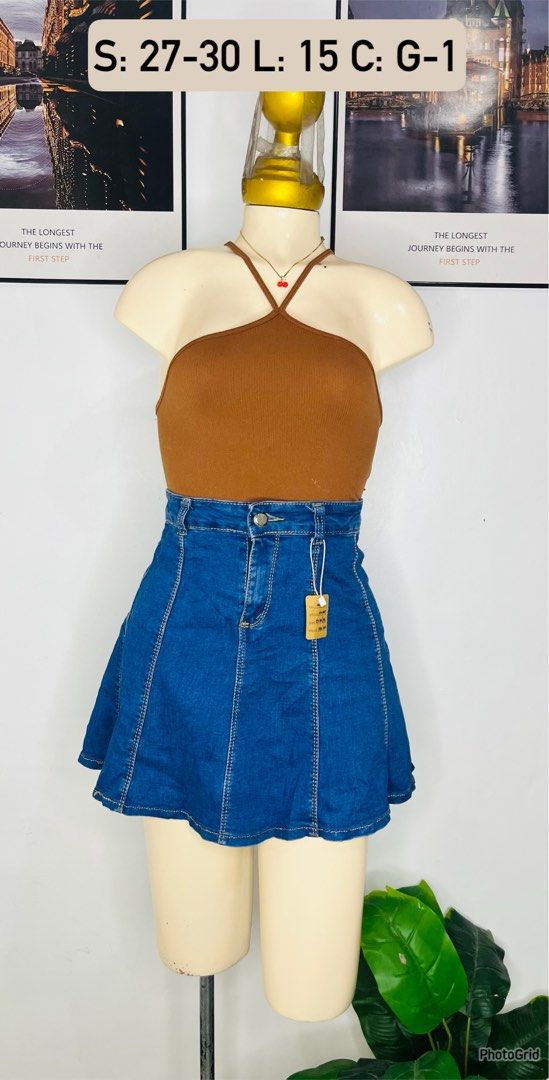 Blue Denim Mini Skirt |Size 27-30 (Category: Skirts) located in Manila. Submitted by bengirlclothing (Listing ID 1468853173, Image 1). Description: - Color: Classic blue denim - Design: Exposed front stitching, structured seams, and a flared hem - Waist: Fits 27 to 30 inches - Length: 15 inches - Perfect for casual days out and easy to style!.