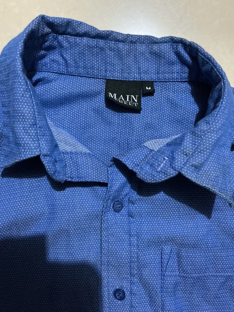 Blue Polka Dot Long Sleeve Shirt (Category: Longsleeves) located in Bulacan. Submitted by toogoodtobegarbage (Listing ID 1468845168, Image 1). Description: - Brand: Main Street - Style: Long sleeve button-up shirt - Color: Blue with subtle white polka dots - Size: Small- Medium - no flaws/ stains.