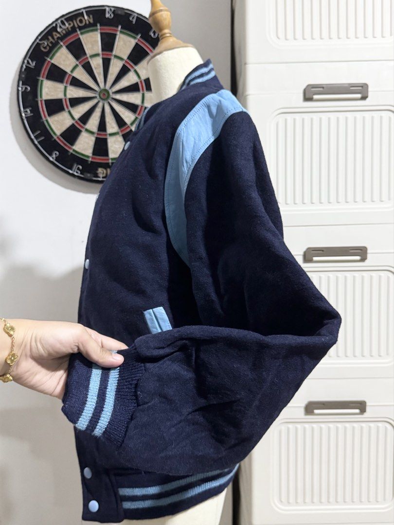 Blue Varsity Jacket (Light Blue is leather) (Category: Coats, Jackets and Outerwear) located in Manila. Submitted by thechobecloset (Listing ID 1468827096, Image 2). Description: FIX PRICE Size: M-L Thrifted.