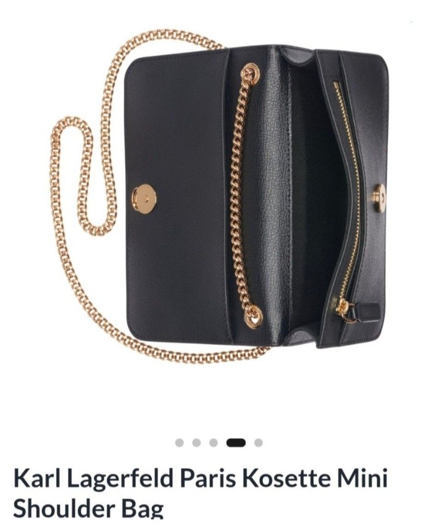 BNWT Karl Lagerfeld Paris Kosette Mini Shoulder Bag (Category: Cross-body Bags) located in Manila. Submitted by eveeven (Listing ID 1468778407, Image 3). Description: - Brand: Karl Lagerfeld Paris - Style: Kosette mini shoulder bag - Color: Black with gold-tone hardware - Material: Premium leather - Strap: Gold-tone chain strap - Closure: Magnetic snap closure - Interior: Lined with a convenient zip pocket - Details: Pearl-studded front flap with