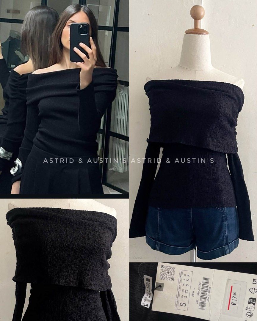 BNWT ZARA off shoulder textured top (Category: Others Tops) located in Dasmarinas. Submitted by allisongrey1323 (Listing ID 1468844198, Image 1). Description: BNWT ZARA off shoulder textured top Small on tag price: 850.