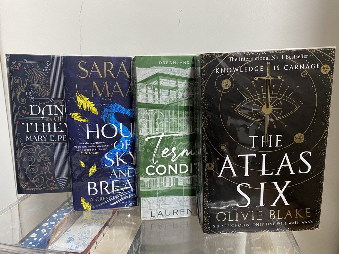 Book for sale: Take all for 1k!!! (Category: Storybooks) located in Bulacan. Submitted by beeucarat05 (Listing ID 1468796570, Image 1). Description: Titles included: Dance of Thieves (Mary E. Pearson), House of Sky and Breath (Sarah J. Maas), Terms and Conditions (Lauren Asher), and The Atlas Six (Olivie Blake) - pm for condi - onhand.