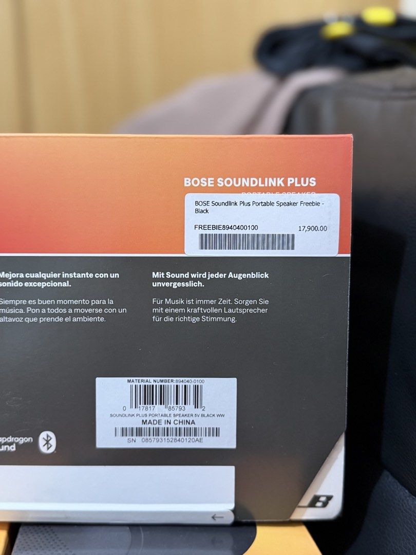 Bose Soundlink Plus Brandnew Sealed (Category: Soundbars, Speakers & Amplifiers) located in Pasay City. Submitted by mangkanor14 (Listing ID 1468730620, Image 1). Description: ₱11,000 Fixed Brandnew sealed 17,990 Srp.