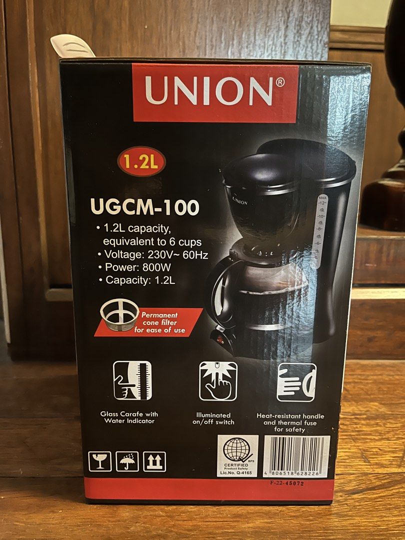 Brand new Union coffee maker (Category: Coffee & Tea Tableware) located in Paranaque City. Submitted by nikka411 (Listing ID 1468714006, Image 2). Description: Brand new Union coffee maker 1.2 liters capacity Market value P899 (see last pic for screenshot) Selling low because decluttering MOP BPI or GCash Shipping fee cc/o buyer via Lalamove .