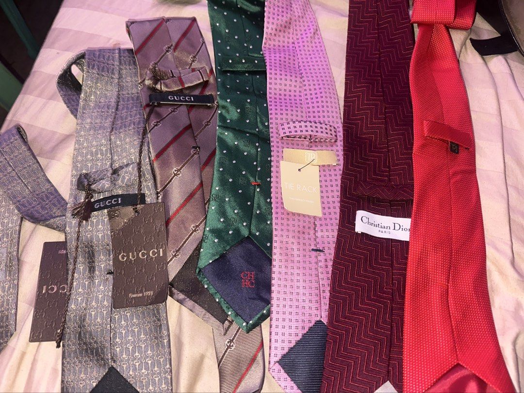 Branded Necktie (Category: Luxury Accessories) located in Dumaguete. Submitted by sellie06 (Listing ID 1468926025, Image 1). Description: 500 each item. Pass sa low ballers and bogus buyer! Brands: Christian Dior CH HC Louis Vuitton Gucci (sold grey) Genfranco Ferre The Rack (TR) sold red.