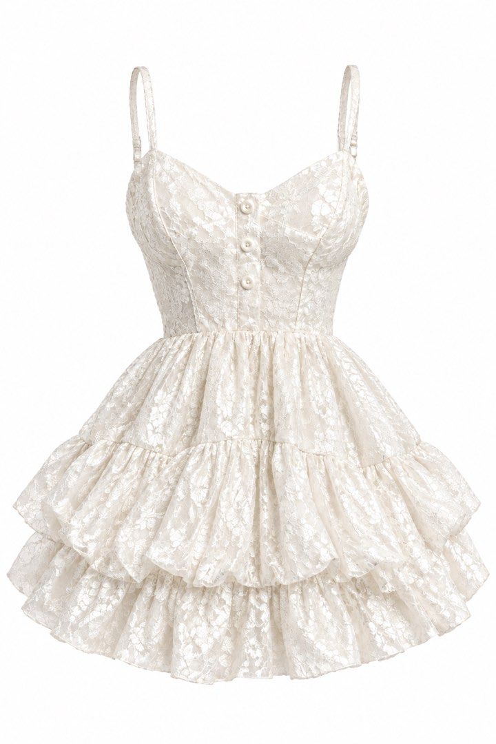 Bridgerton lace tiered mini dress with button front (Category: Dresses) located in Taytay. Submitted by theziatique (Listing ID 1468878976, Image 1). Description: White mini dress covered in floral lace fabric. Fitted bodice with thin adjustable straps and three small buttons down the center. Flared skirt with three bouncy ruffled tiers. Super fun and lightweight option for daytime outings or parties..