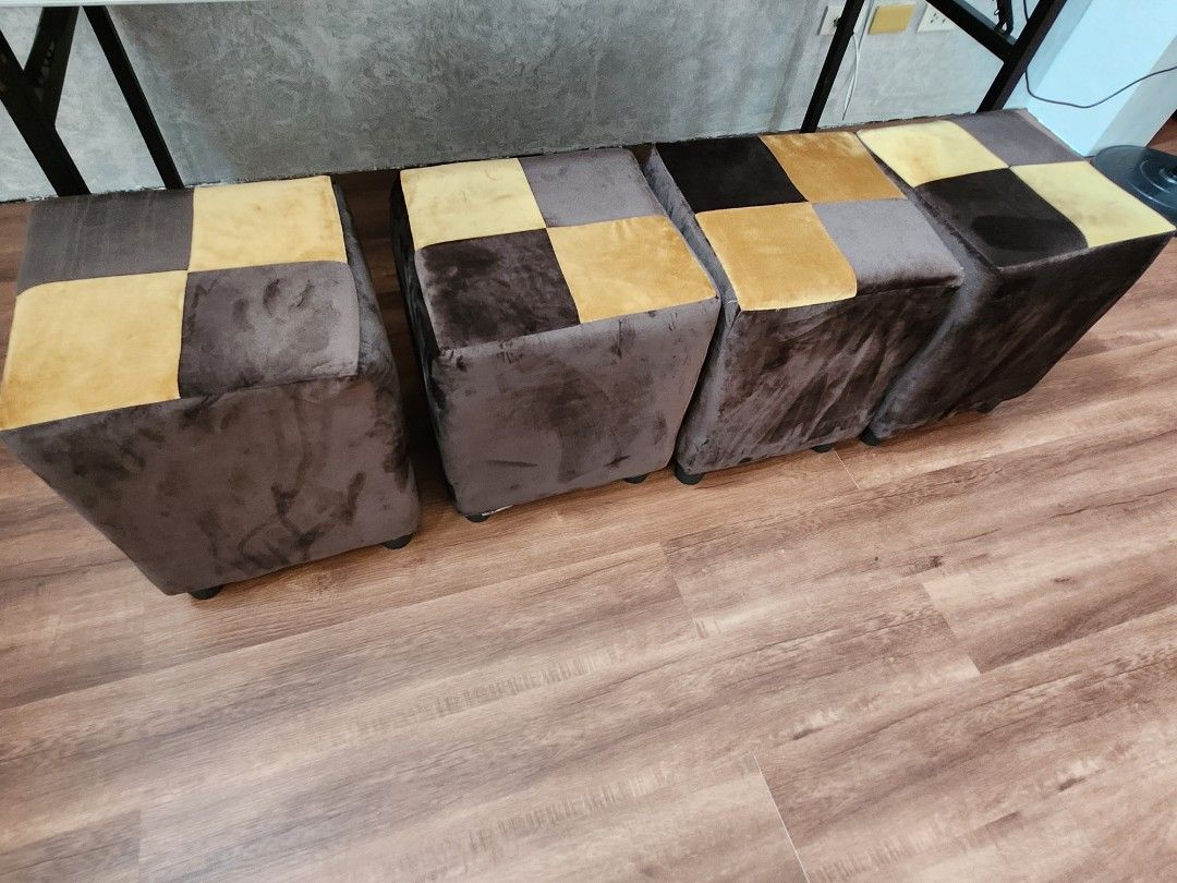 Customized 6 inch Uratex foam Sectional Sofa with Coffee Table and Stools (Category: Sofas) located in Tarlac. Submitted by til128 (Listing ID 1468847146, Image 3). Description: - Complete Living Room Set: Large sectional sofa in brown and gold velvet fabric - Smart Storage: Built-in storage armrest section included - Matching Accessories: Comes with multiple patterned throw pillows - Coffee Table: Glass-top center table with built-in shelving - 