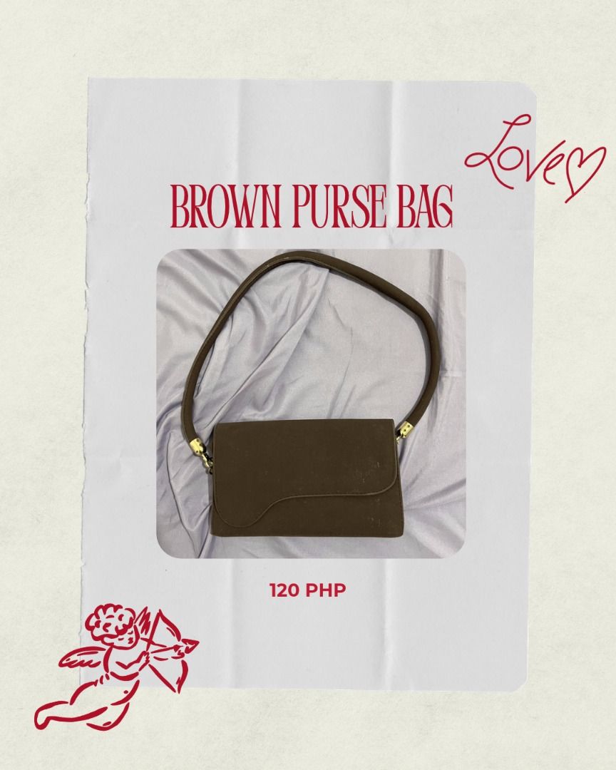 Brown Purse Bag (Category: Purses & Pouches) located in Mandaluyong City. Submitted by pabili.po.ng.alaala (Listing ID 1468789131, Image 1). Description: Brown Purse Bag 120 PHP - Color: Solid brown - Shape: Structured rectangular with asymmetric flap closure - Hardware: Gold-tone accents - Style: Versatile neutral earth tone, perfect for casual outings.