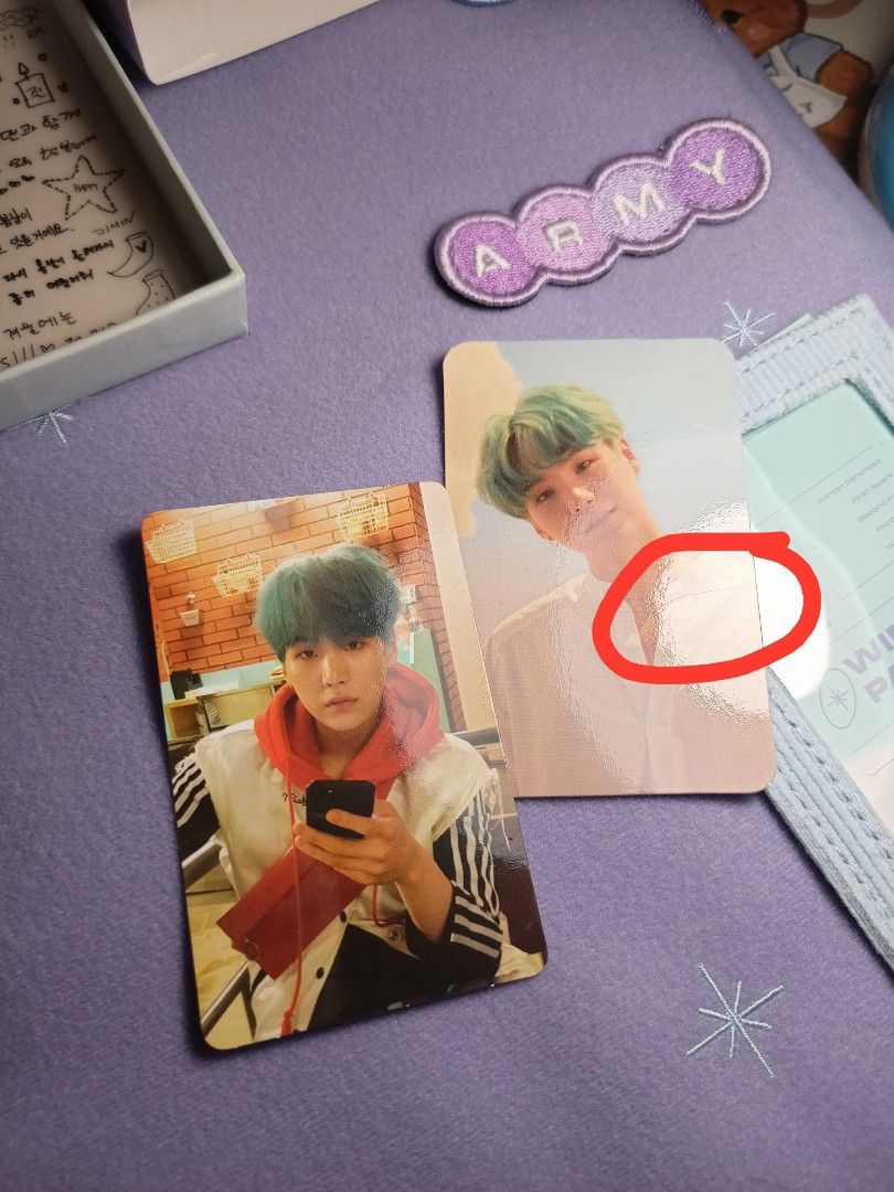 BTS Suga Min Yoongi Photocards Set (Category: K-Wave Merchandise) located in Antipolo. Submitted by maineluvsyoongi (Listing ID 1468791487, Image 2). Description: her o is 9/10 condi (hairline mark) onhand payo.