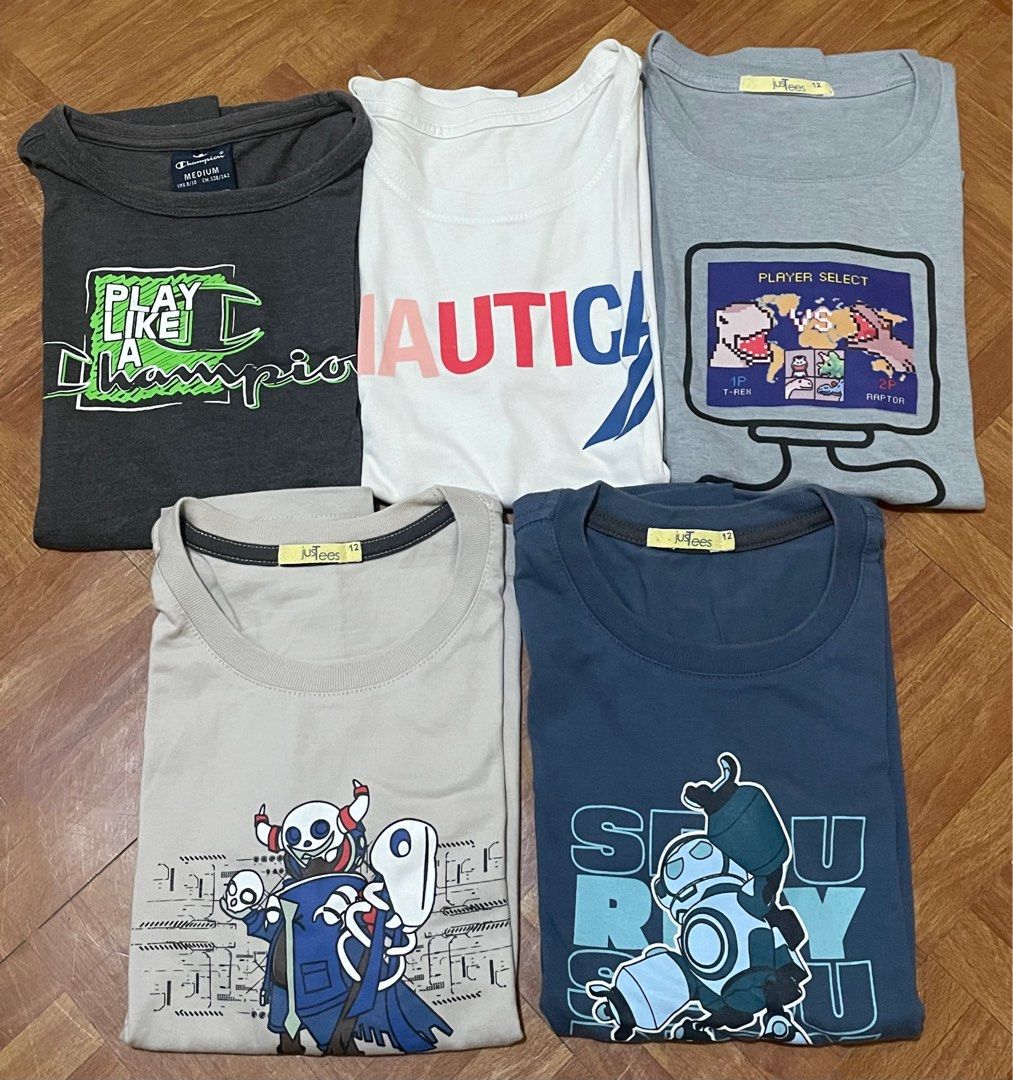 Bundle Shirts for boys 9-10T (Category: Babies & Kids Fashion) located in Cavite. Submitted by HelloAnn_Closet (Listing ID 1468889590, Image 1). Description: Bundle shirts for boys 9-10 yrs old. Brands: Champion, Nautica, Justees .
