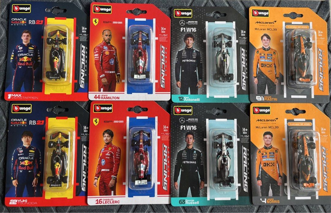 Burago f1 car racing (Category: Vehicle & Diecast Models) located in Cavite. Submitted by hobbyppiness (Listing ID 1462536185, Image 1). Description: Burago f1 car racing brandnew sealed teams 🏎️mclaren Oscar Piastri 🏎️mclaren Lando Norris 🏎️ferrari Lewis Hamilton 🏎️ferrari Charles Leclerc 🏎️oracle Max Verstappen 🏎️oracle Yuki Tsunoda 🏎️petronas Kimi Antonelli 🏎️petronas George Russell.
