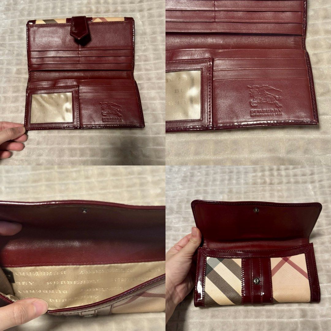 Burberry Check Long Wallets (BUNDLE SALE) (Category: Luxury Bags & Wallets) located in Quezon City. Submitted by kuiamoi (Listing ID 1468778045, Image 3). Description: - Set of 2 authentic Burberry long wallets in the iconic check canvas pattern - Wallet 1: Black leather interior with a secure zip coin compartment and cash slots - Wallet 2: Burgundy patent leather trim featuring card slots and a convenient ID window - Both wallets include multipl