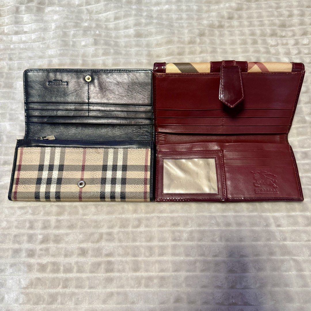Burberry Check Long Wallets (BUNDLE SALE) (Category: Luxury Bags & Wallets) located in Quezon City. Submitted by kuiamoi (Listing ID 1468778045, Image 2). Description: - Set of 2 authentic Burberry long wallets in the iconic check canvas pattern - Wallet 1: Black leather interior with a secure zip coin compartment and cash slots - Wallet 2: Burgundy patent leather trim featuring card slots and a convenient ID window - Both wallets include multipl