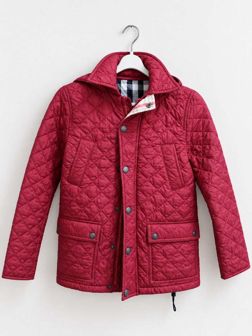 Burberry Children Quilted Red Jacket (Category: Coats, Jackets and Outerwear) located in Lucena. Submitted by amirahsoonlineshop (Listing ID 1468735786, Image 1). Description: Burberry children quilted jacket in vibrant red. Classic vintage check lining inside the body and branding, adjustable drawstring hem. Hooded design keeps out the cold. Warm layer for chilly days. Tag shows Burberry Children branding. can fit 6Y /0 children.