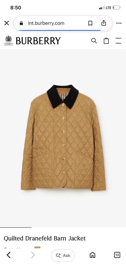 Burberry Quilted Dranefeld Barn Jacket (Category: Coats, Jackets and Outerwear) located in Caloocan City. Submitted by gaylawanna22819 (Listing ID 1468855664, Image 1). Description: - Brand: Burberry - Style: Quilted Dranefeld barn jacket - Color: Camel with black corduroy collar - Size: M (Tag at collar) - Details: Gold-tone snap button closure, two front patch pockets - Lining: Classic Burberry check - Branding: Burberry London England logo pat