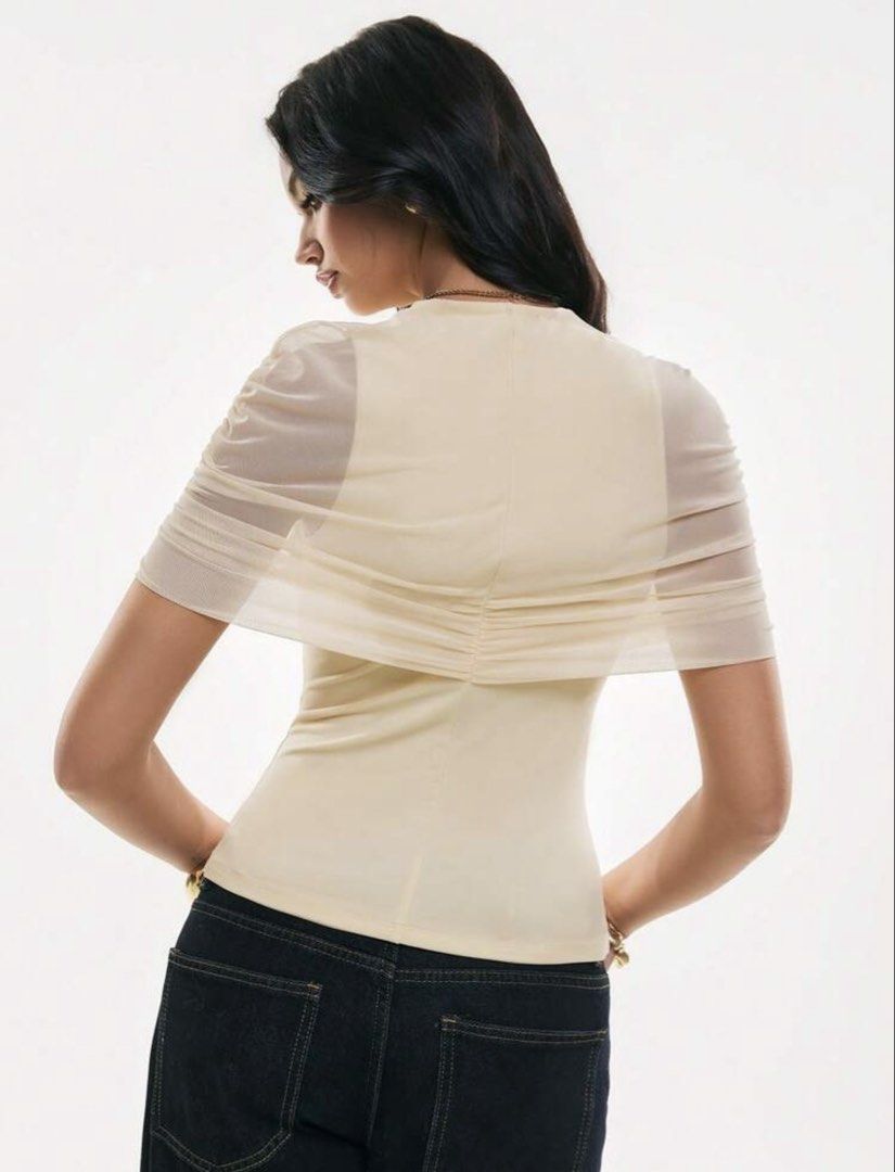 Butter Yellow / Beige Mesh Details Top (Category: Blouses) located in Davao. Submitted by outoftheclosetdvo (Listing ID 1468744187, Image 3). Description: Fits medium to large.