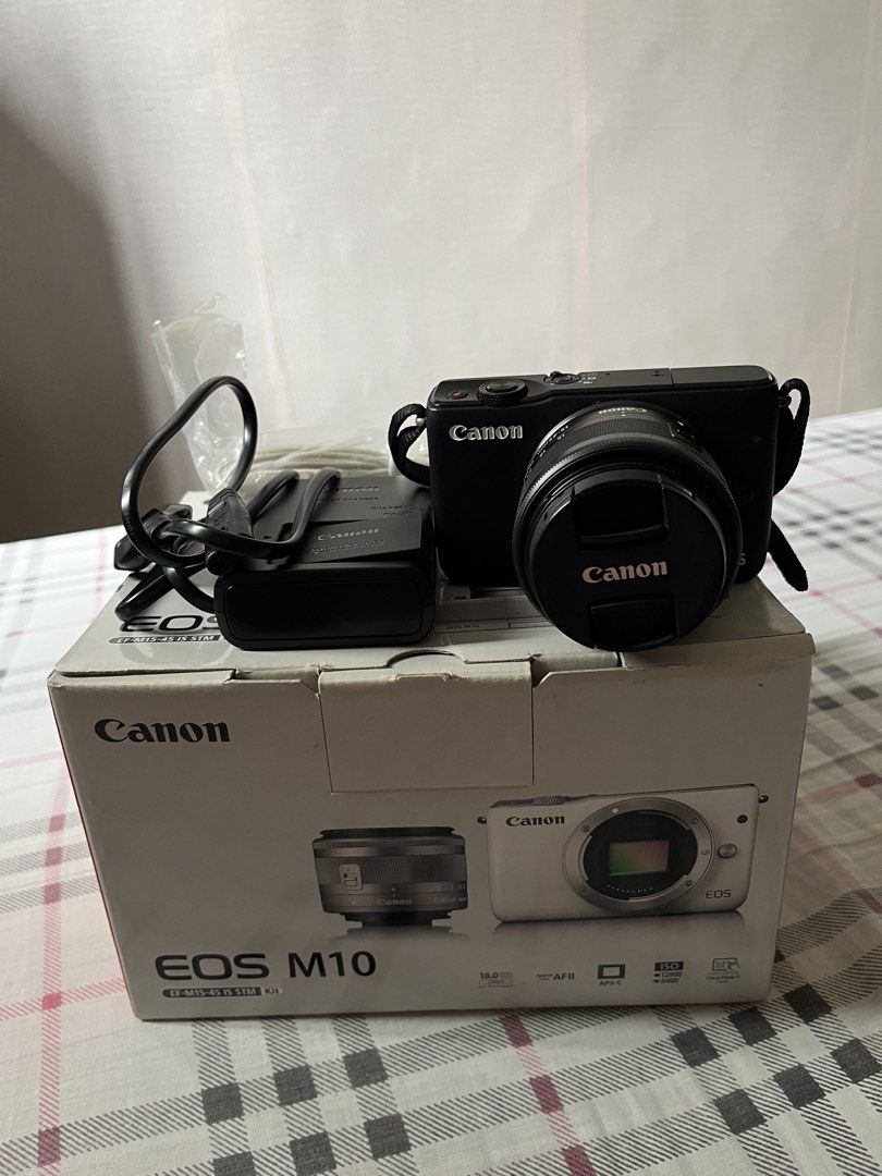 Canon EOS M10 Mirrorless Camera with 15-45mm Lens (Category: Cameras) located in Makati City. Submitted by ojala (Listing ID 1468730488, Image 1). Description: - Canon EOS M10 mirrorless camera body (Black) - EF-M 15-45mm f/3.5-6.3 IS STM zoom lens included - Tilt-up screen great for selfies and vlogging - Compact, lightweight, and user-friendly design - Comes complete with original camera strap, battery charger, and factory box Pefect for travel