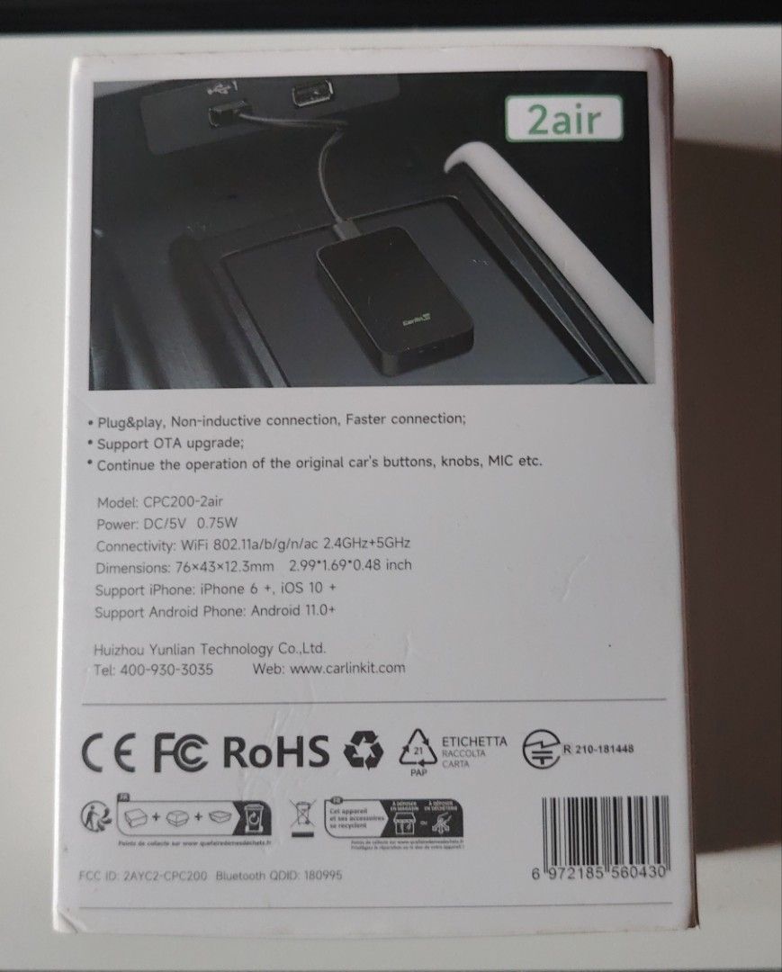 Carlinkit 2air (Carlinkit 5.0) Wireless CarPlay & Android Auto Adapter (Category: Audio, Video, Alarm and other Electronic Accessories) located in Makati City. Submitted by cess2377 (Listing ID 1468809200, Image 2). Description: Upgrade your ride! Convert your factory wired Apple CarPlay & Android Auto into seamless wireless connectivity with the Carlinkit 2air (5.0)! No more messy cables every time you get into your car. 🚗✨ ​🌟 Key Features: ​D