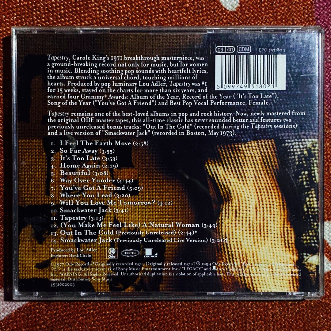 Carole King - Tapestry CD Album (Category: CDs & DVDs) located in Taguig. Submitted by znarfscriber (Listing ID 1468891765, Image 2). Description: Carole King Tapestry CD Album Made In The USA Ode Records 1999 Cover: EX Media: VG+ RFS: Decluttering/Need Funds .
