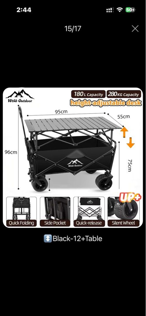 Cart Trolley (Category: Hiking & Camping) located in Antipolo. Submitted by einjul (Listing ID 1468917852, Image 1). Description: - Heavy-duty outdoor utility wagon with a built-in folding table top - Massive 180L capacity, supports up to 280kg .