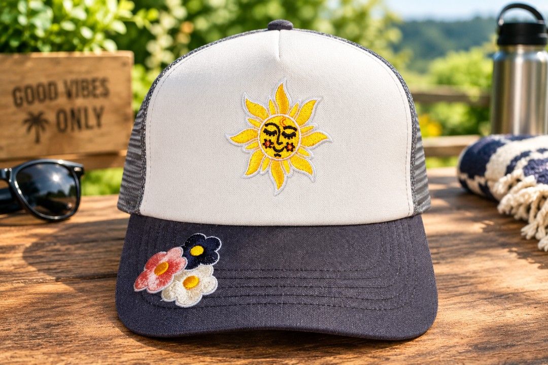 Celestial Sun & Floral Embroidered Trucker Hat (Grey/White) (Category: Hats & Beanies) located in Binangonan. Submitted by yuristalin888 (Listing ID 1468720595, Image 1). Description: Add a touch of whimsical charm to your everyday look with this stylish trucker hat. Featuring a peaceful embroidered smiling sun face on the white front panel and a trio of colorful floral patches accenting the grey curved brim, this cap blends retro style with a pl