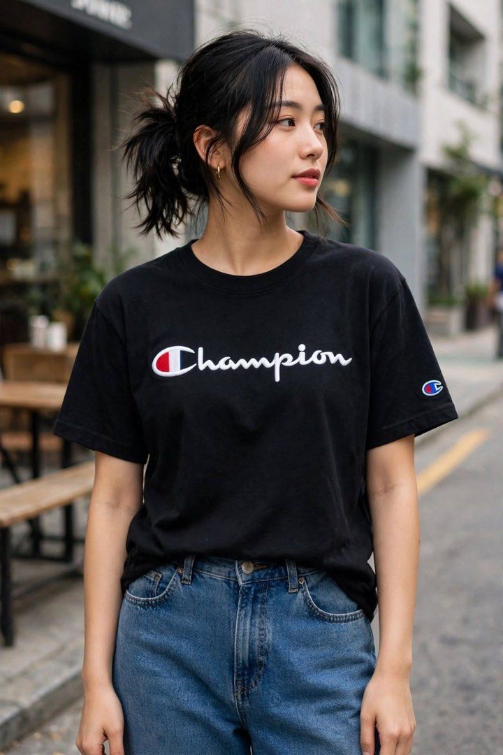 Champion Black Script Logo Embroidered T-Shirt (Category: Shirts) located in San Pedro. Submitted by lifebeginsaftercoff33 (Listing ID 1468817638, Image 1). Description: - Authentic black Champion t-shirt - Dimes: 18 x 26 in - Large embroidered script logo across the chest - Signature small 'C' patch embroidered on the left sleeve - Comfortable crew neck with branded inner taping - Classic fit, perfect for casual streetwear - Clean condition with