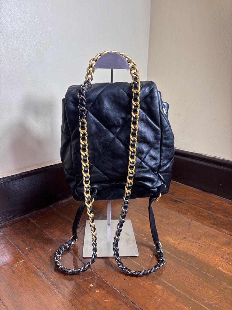 Chanel 19 Backpack Black Lambskin (Category: Backpacks) located in Manila. Submitted by earlylifecrisis (Listing ID 1468772839, Image 2). Description: Condition 8/10 Measure it by inch Width: 10 Length: 9.5 Depth: 4 Handle:17.5 •Refund / Returns not allowed allowed •Please do check the dimensions size on labels sometimes are not accurate on the sizing •Ask me before purchasing.