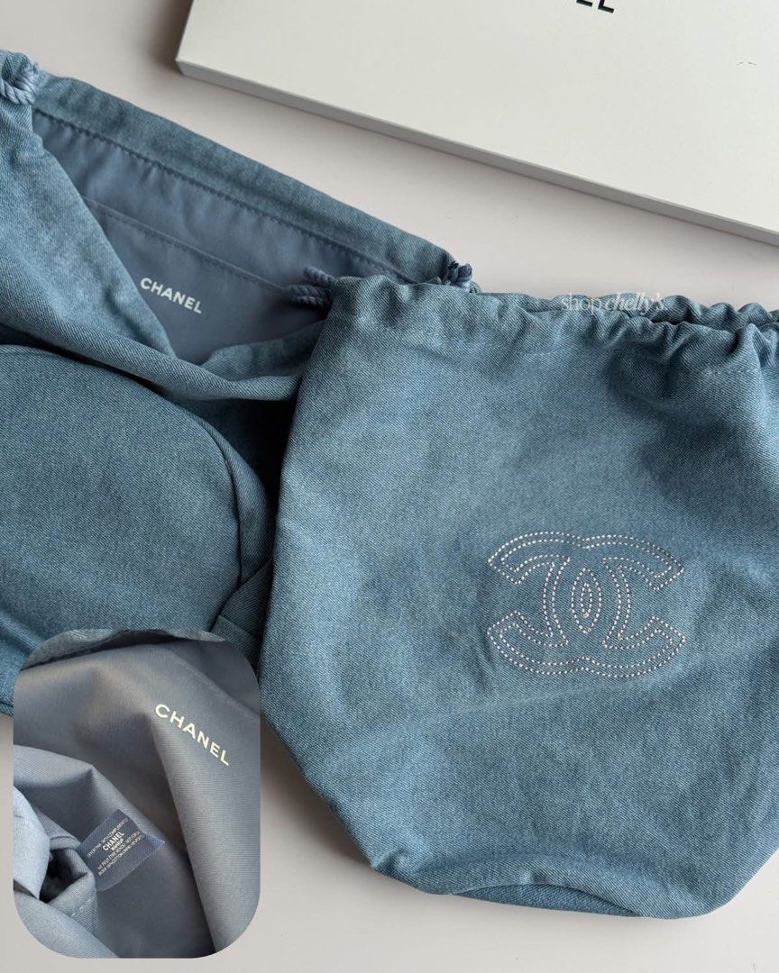 Chanel Denim Blue Drawstring Bag Pouch (Category: Purses & Pouches) located in Taytay. Submitted by angeltyyyy (Listing ID 1468729516, Image 2). Description: authentic, complimentary gift from chanel 🫶🏻 simple and chic bag for everyday use ✨ loc: Commonwealth, QC (can also ship from Taytay, Pasay, and Clark, Pampanga based on sched).