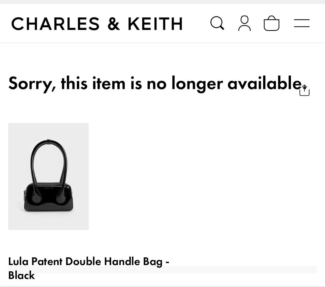Charles & Keith Lula Patent Double Handle Bag - Black (Category: Luxury Bags & Wallets) located in Makati City. Submitted by rashmi911 (Listing ID 1468851242, Image 2). Description: - Brand: Charles & Keith - Model: Lula Patent Double Handle Bag - Color: Black with a glossy finish - Condition: Brand new, never used, original tag still attached - Features: Structured shape, curved handles - Size: Great for daily essentials or going out - Rushed cl