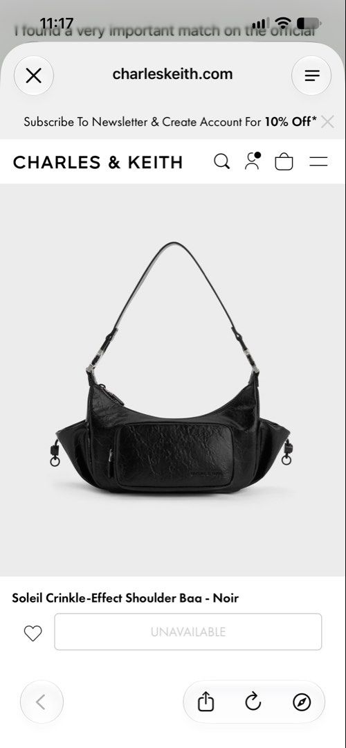 Charles & Keith Soleil Crinkle-Effect Shoulder Bag - Noir (Category: Shoulder Bags) located in Mandaluyong City. Submitted by leypadilla (Listing ID 1468733911, Image 1). Description: - Brand/Model: Charles & Keith Soleil shoulder bag - Color: Noir black with stylish crinkle-effect finish - Hardware: Sleek silver-tone accents - Storage: Convenient front zip pocket and secure main zipper closure - Details: Adjustable strap with buckle and side pul