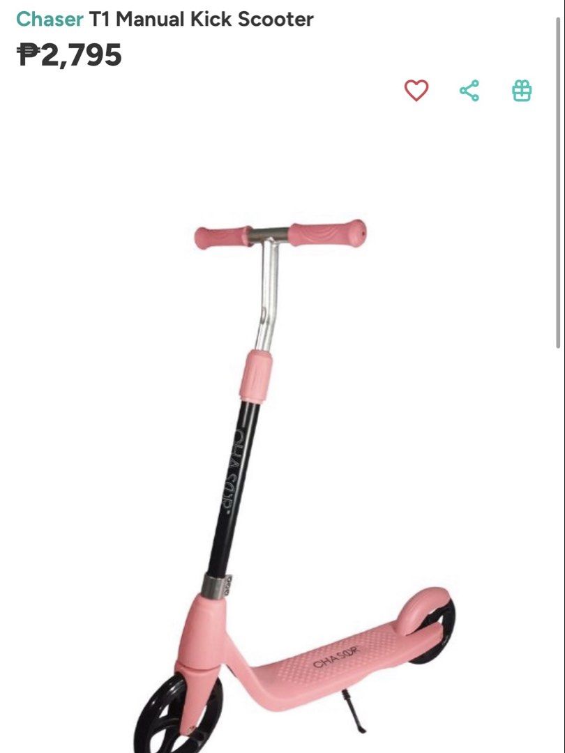 Chaser Pink Scooter (Category: Skates, Rollerblades & Scooters) located in Manila. Submitted by c.ccloset (Listing ID 1468761834, Image 2). Description: - Assembled only; Never used outdoors. - Brand: Chaser kick scooter - Color: Stylish pink and black - Handlebar: Adjustable height with comfortable pink rubber grips - Deck: Wide, non-slip design with printed logo - Braking: Safe rear foot brake over black wheels.