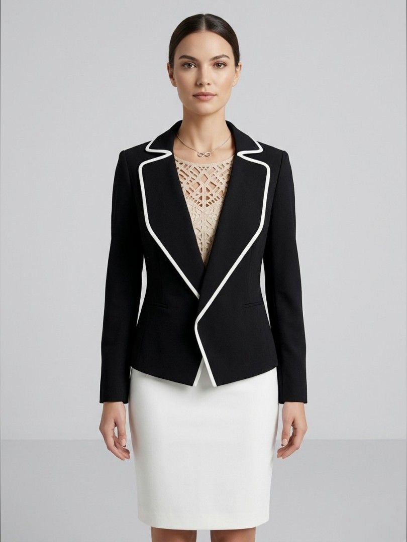 Chic Black Open Front Blazer with Contrast White Piping Trim (Category: Coats, Jackets and Outerwear) located in Bacoor. Submitted by aithriftcloset (Listing ID 1468735468, Image 1). Description: 🇱🇷👌Chic Black Open Front Blazer with Contrast White Piping Trim 💡Short Description ✨️Upgrade your professional and smart-casual wardrobe with this striking open-front tailored blazer, designed in a sophisticated solid black hue. This minimalist piece
