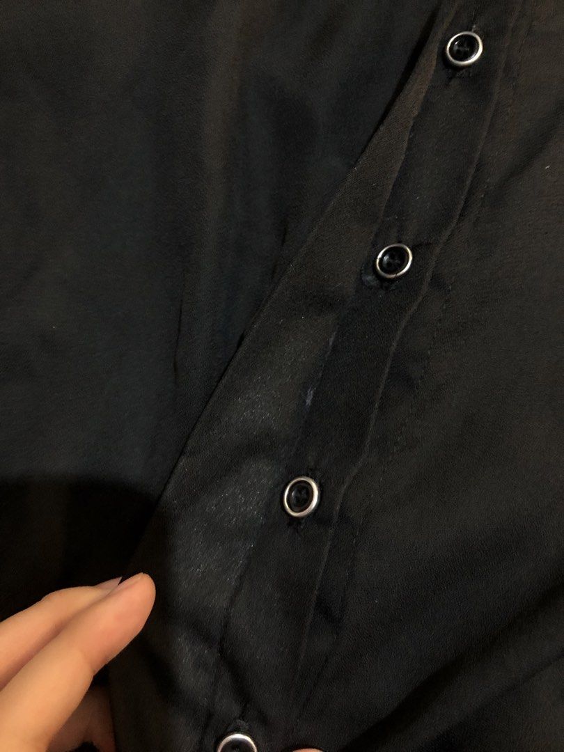 chic grunge 2000s alt translucent black button-up blouse (Category: Blouses) located in Manila. Submitted by blehgnbao (Listing ID 1468774621, Image 3). Description: 🤍 from cavite area • tried on then stored in closet •sheer material •auth candies top sf covered by buyer :) lalamove delivery & gcash payment only. dm for more details!.