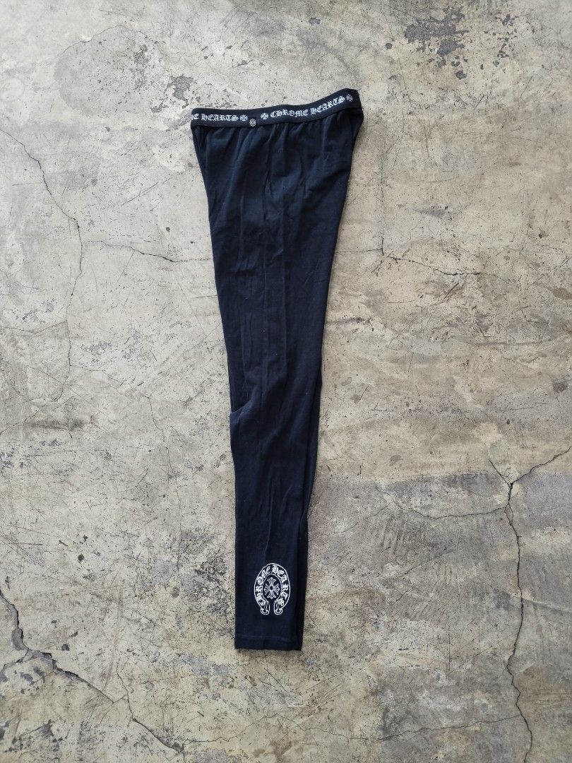 Chrome Hearts Black Leggings Size S (Category: Activewear) located in Pasig City. Submitted by loveforlux_2025 (Listing ID 1468791295, Image 2). Description: - Brand: Chrome Hearts - Item: Black leggings with signature cross graphics - Size: Small (S) - Details: Branded elastic waistband, large horseshoe and cross print near left ankle hem - Material: 95% cotton, 5% polyurethane blend (Made in Japan) - Condition: Normal signs of wear visible acro