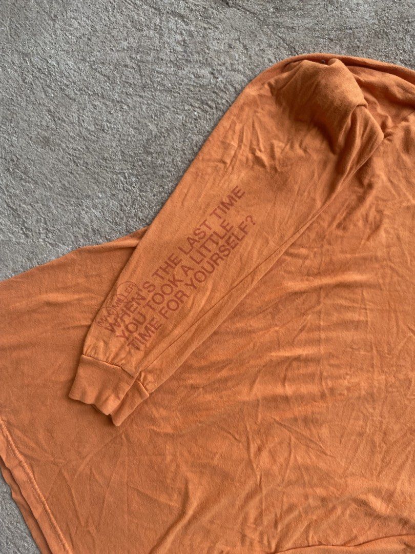 circles by Mac Miller Circles Orange Long Sleeve (Category: Longsleeves) located in Olongapo. Submitted by shokii (Listing ID 1468821026, Image 2). Description: - Official Mac Miller Circles album merchandise - Vibrant orange colorway with standard fit - Small logo on the front chest and large globe graphic on the back - Sleeve text reads: "when's the last time you took a little time for yourself" - Comfortable ribbed collar and cuffs made from s