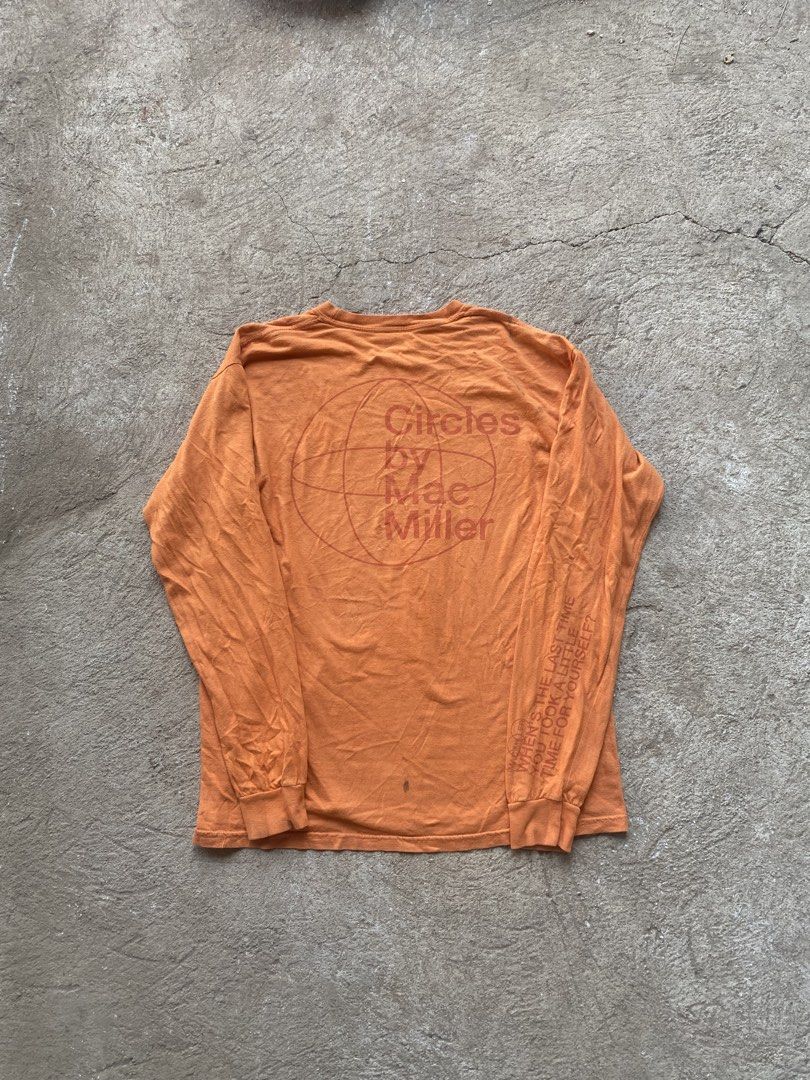 circles by Mac Miller Circles Orange Long Sleeve (Category: Longsleeves) located in Olongapo. Submitted by shokii (Listing ID 1468821026, Image 1). Description: - Official Mac Miller Circles album merchandise - Vibrant orange colorway with standard fit - Small logo on the front chest and large globe graphic on the back - Sleeve text reads: "when's the last time you took a little time for yourself" - Comfortable ribbed collar and cuffs made from s