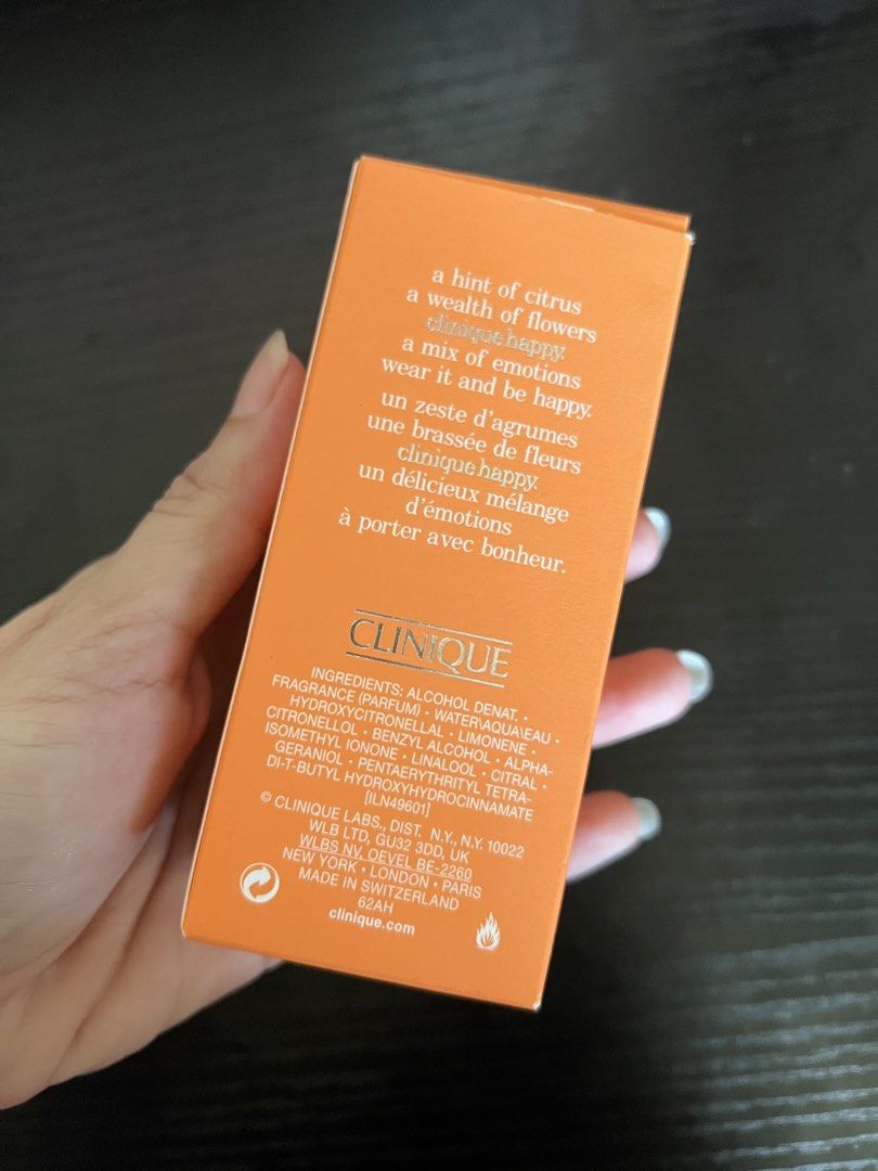 Clinique Happy Perfume Spray 30 ml (Category: Fragrance & Deodorants) located in Rizal. Submitted by s0apandglory (Listing ID 1468769804, Image 2). Description: - Brand/Item: Clinique Happy Perfume Spray - Volume: 30 ml bottle - Inclusion: Original orange outer box - Fragrance Notes: Fresh citrus and floral - Condition: Like new, sprayed only a couple of times to test; clean glass bottle and silver cap - Origin: Made in Switzerland - Perfect for 