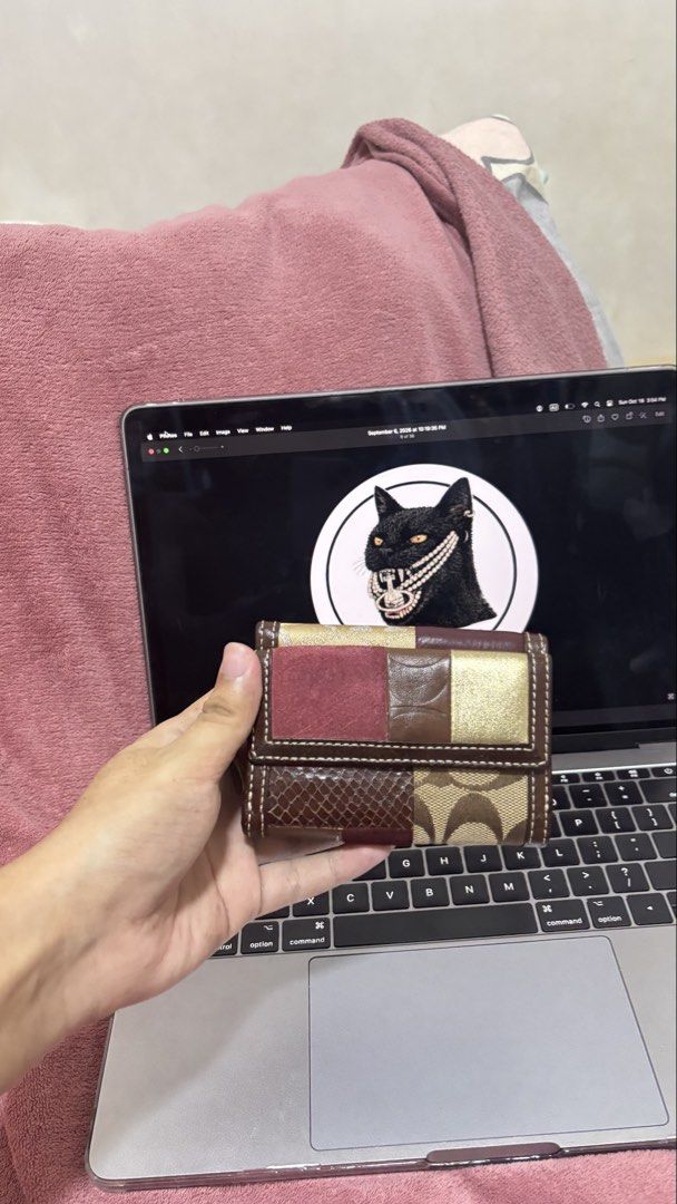 Coach Patchwork Multi-pattern Trifold Wallet (Category: Wallets & Card holders) located in Manila. Submitted by ryuuu_vv (Listing ID 1468834902, Image 3). Description: - Brand: Coach - Style: Trifold wallet with gold-tone snap button closure and Coach engraving - Material/Design: Unique patchwork mix including zebra print pony hair, signature monogram canvas, metallic gold leather, brown leather, and red suede - Size: Compact - Condition: Clean a
