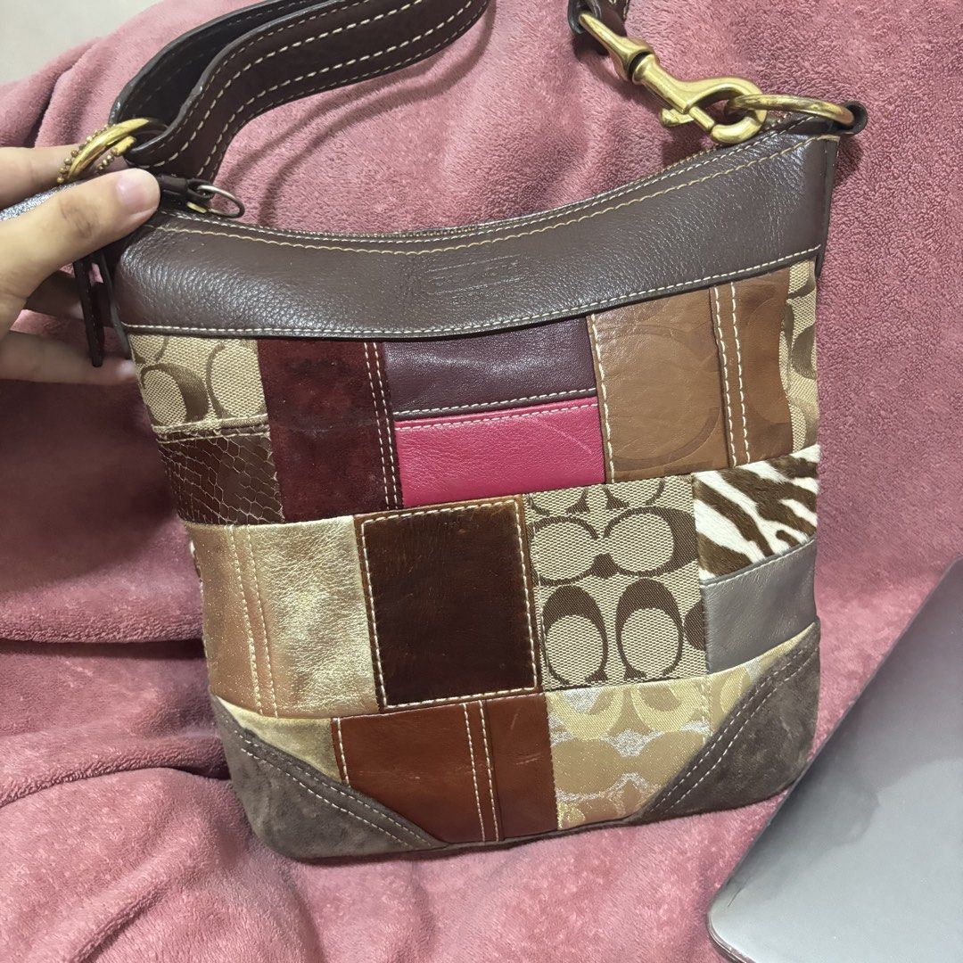 Coach Patchwork Signature Hobo Shoulder Bag (Category: Luxury Bags & Wallets) located in Manila. Submitted by ryuuu_vv (Listing ID 1468757405, Image 2). Description: - Brand: Coach - Style: Vintage Patchwork Hobo Bag - Color: Rich brown tones with mixed textures - Materials: Signature canvas, metallic leather, suede, animal print, and python-embossed leather - Hardware: Brass tone - Closure: Secure zip-top - Strap: Sturdy, adjustable brown leathe