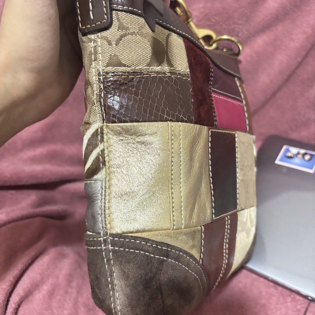 Coach Patchwork Signature Hobo Shoulder Bag (Category: Luxury Bags & Wallets) located in Manila. Submitted by ryuuu_vv (Listing ID 1468757405, Image 3). Description: - Brand: Coach - Style: Vintage Patchwork Hobo Bag - Color: Rich brown tones with mixed textures - Materials: Signature canvas, metallic leather, suede, animal print, and python-embossed leather - Hardware: Brass tone - Closure: Secure zip-top - Strap: Sturdy, adjustable brown leathe