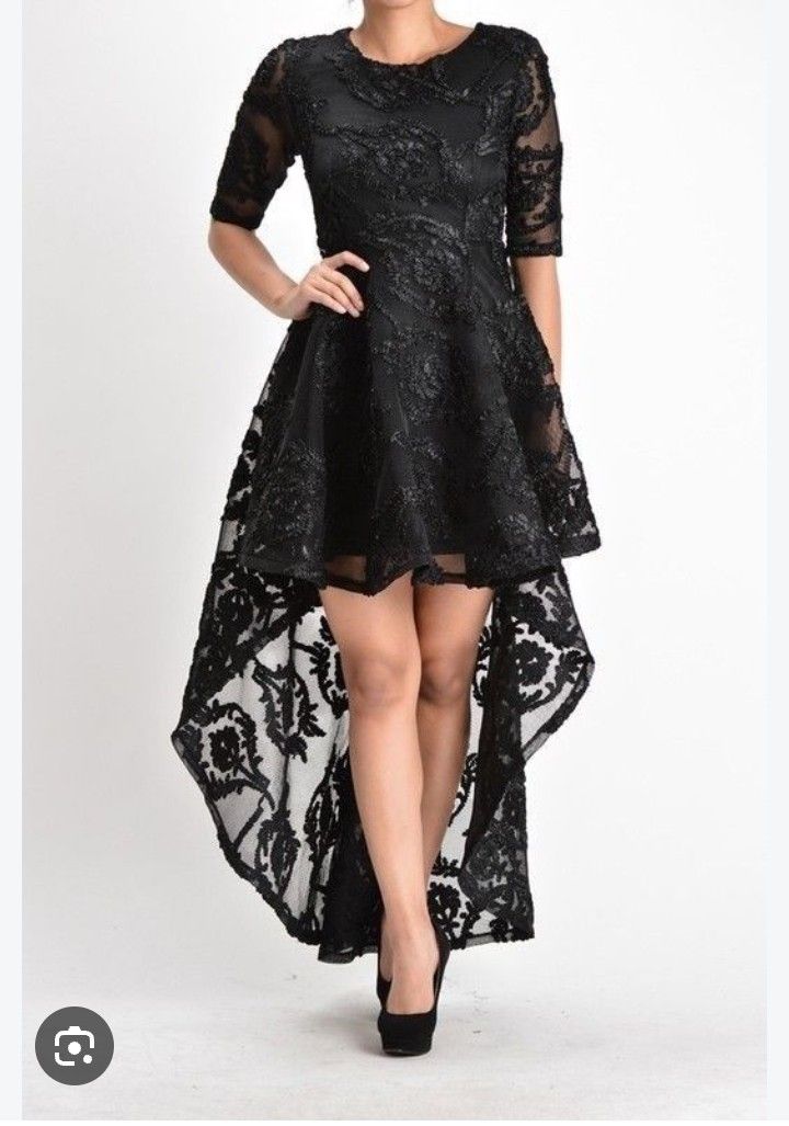 Cocktail dress (Category: Dresses) located in Manila. Submitted by wheneity67thifted (Listing ID 1468927037, Image 1). Description: This item is a black high-low lace cocktail dress with a round neckline and three-quarter sleeves..