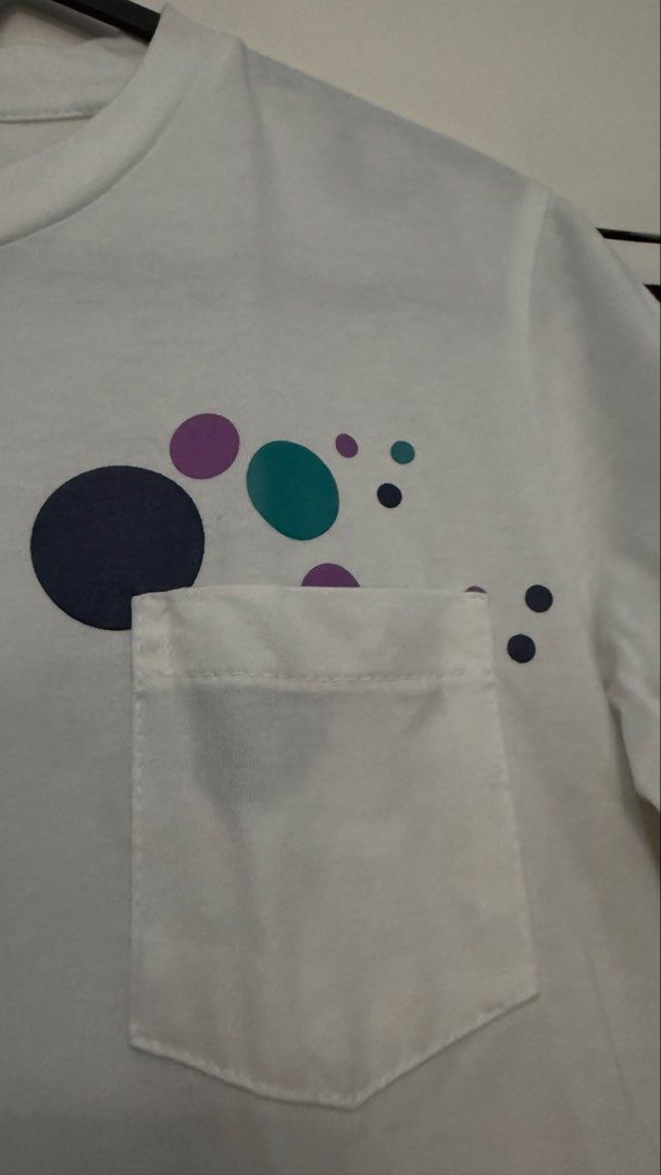 Collezione T-Shirt (Category: Shirts) located in Makati City. Submitted by clutterfreejia (Listing ID 1468754019, Image 3). Description: Store bought - Crew neck, short sleeves - Left chest pocket with colorful polka dot graphic print - Branding: Small green embroidered logo on the right sleeve - Back: Clean, solid white - Condition: Well-maintained and ready to wear Rfs: decluttering.