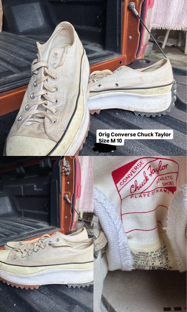 Converse Chuck Taylor (Category: Sneakers) located in Davao. Submitted by pchy_ (Listing ID 1468787192, Image 1). Description: - 100% Authentic Converse Chuck Taylor platform sneakers - Color: Off-white canvas with black piping - Sole: Thick rubber lug sole - Size: US Men's 10 / Women's 11.5 / UK 9 / EUR 44 / CM 28 - Style Code: 168817C (Made in Vietnam) - Condition: Pre-owned with visible wear on soles and canvas - Classic lace-up design with me