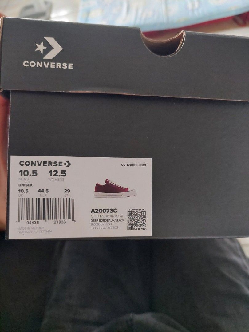 Converse CT Throwback Ox Size 10.5 (Category: Sneakers) located in Makati City. Submitted by hakdoggg_ (Listing ID 1468785440, Image 3). Description: - Brand: Converse - Model: CT Throwback Ox - Color: Deep Bordeaux and Black - Size: Men's US 10.5 / Women's US 12.5 / EUR 44.5 / 29 cm - Style: Low top, platform sole, thick white laces, contrast stitching, and textured rubber toe cap - Condition: Unworn / Brand New in Box RFS: Wrong size. Nabili po