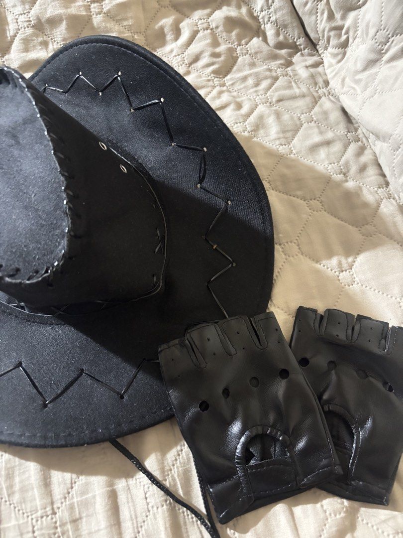 COWBOY HAT AND GLOVES (Category: Other Accessories) located in Manila. Submitted by jaceczhsn (Listing ID 1468886544, Image 1). Description: COWBOY HAT AND GLOVES FOR HALLOWEEN COSTUME BOTH BRAND NEW 👻 RFS: CHANGE OF COSTUME FOR HALLOWEEN .
