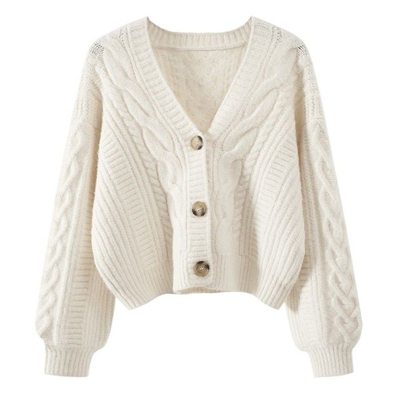 Cream Cable Knit V-Neck Button Cardigan (Category: Coats, Jackets and Outerwear) located in Quezon City. Submitted by freedolphin_bb6035 (Listing ID 1468781612, Image 1). Description: - Color: Creamy white - Material: Thick cable knit - Design: V-neck with three large tortoiseshell-style buttons - Sleeves: Long puff sleeves with ribbed cuffs and hem - Fit: Cropped and cozy - Condition: Worn once, freshly washed and properly stored.