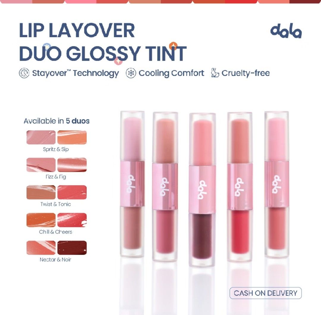 dala lip layover glossy lip tint (Category: Makeup) located in Manila. Submitted by sh4ng (Listing ID 1468814215, Image 2). Description: shades: - spritz & sip - fizz & fig - twist & tonic - chill & cheers ‼️ ₱260 EACH ‼️.