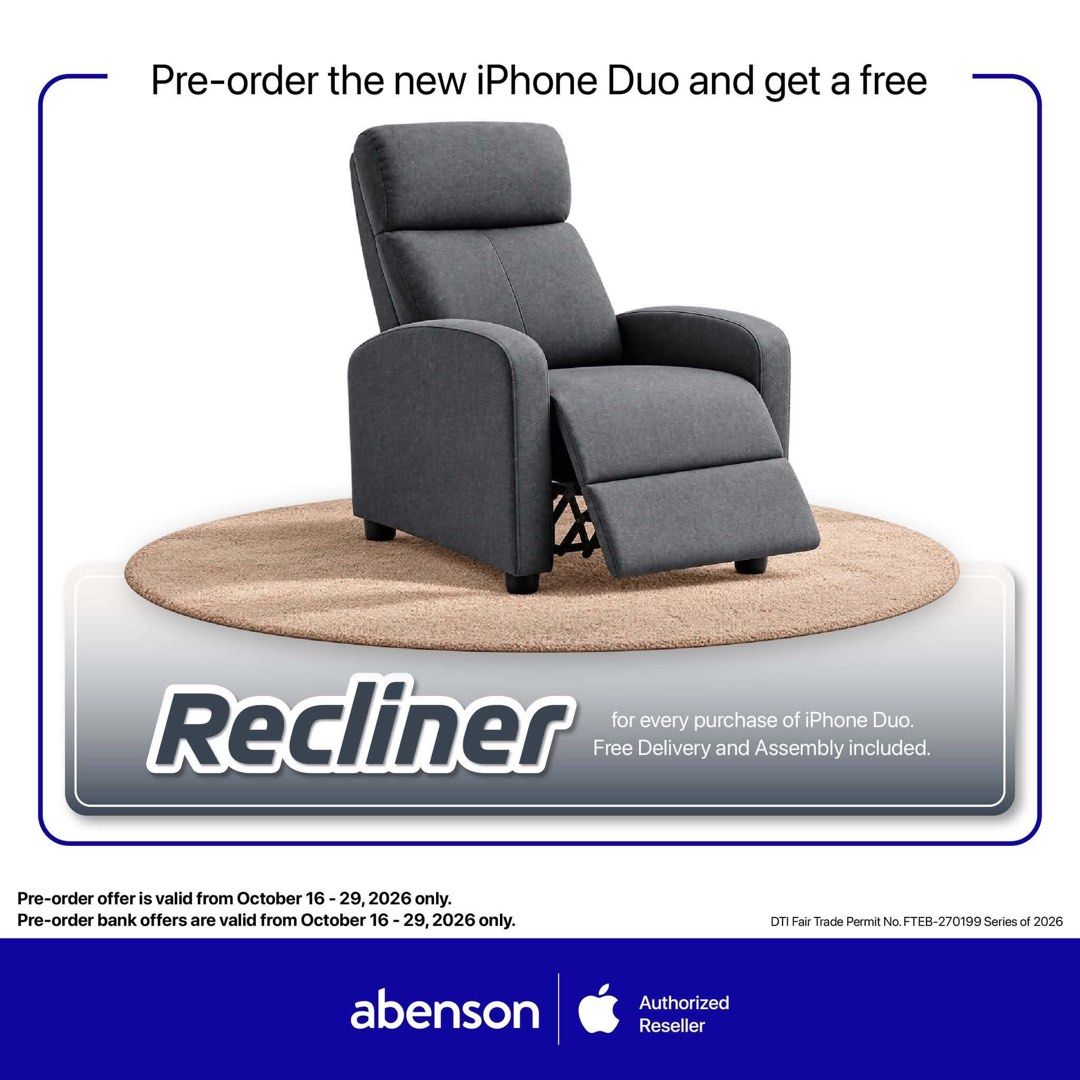 Dark Grey Fabric Recliner Chair (Category: Chairs) located in Pateros City. Submitted by raphaelinnookol (Listing ID 1468767156, Image 1). Description: 🛋️ RECLINER CHAIR FOR SALE! 💰 Original value: ₱11,995 🎁 RFS: Freebie from Abenson when purchasing an iPhone 📍 Location: Taguig City 📦 ETA: 1st week of November PM for inquiries! 😊.