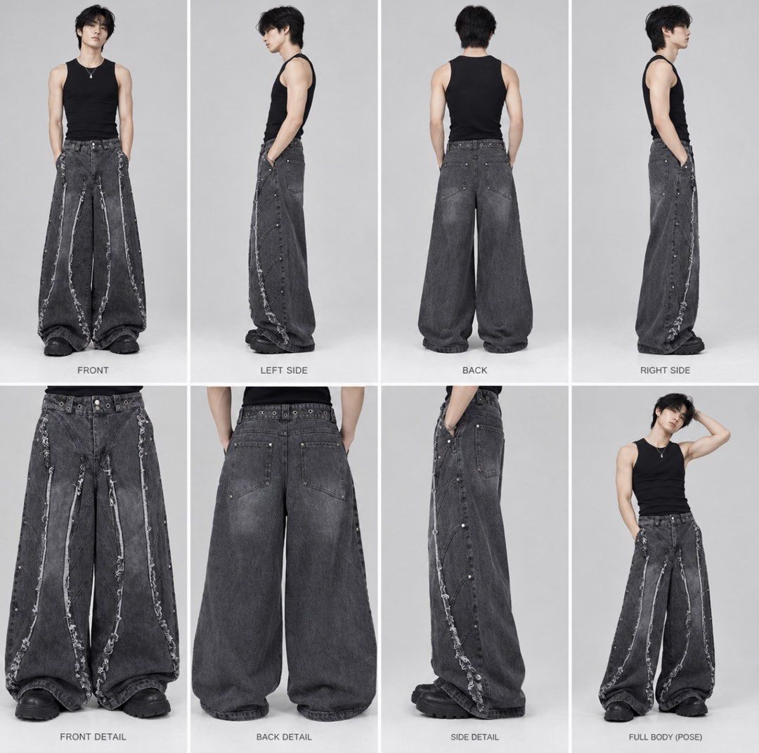 Baggy Denim Pants (Category: Jeans) located in Lipa City. Submitted by cokelight11 (Listing ID 1468816084, Image 2). Description: Baggy Pants Size 30 to 32 Black with acid washed finish Super baggy fit with heavy distressing along paneled seams Flat lay and model photos included to show when worn.